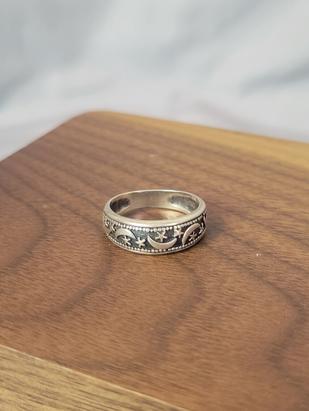Sterling Silver Star & Moon Crescent Pattern Band Ring